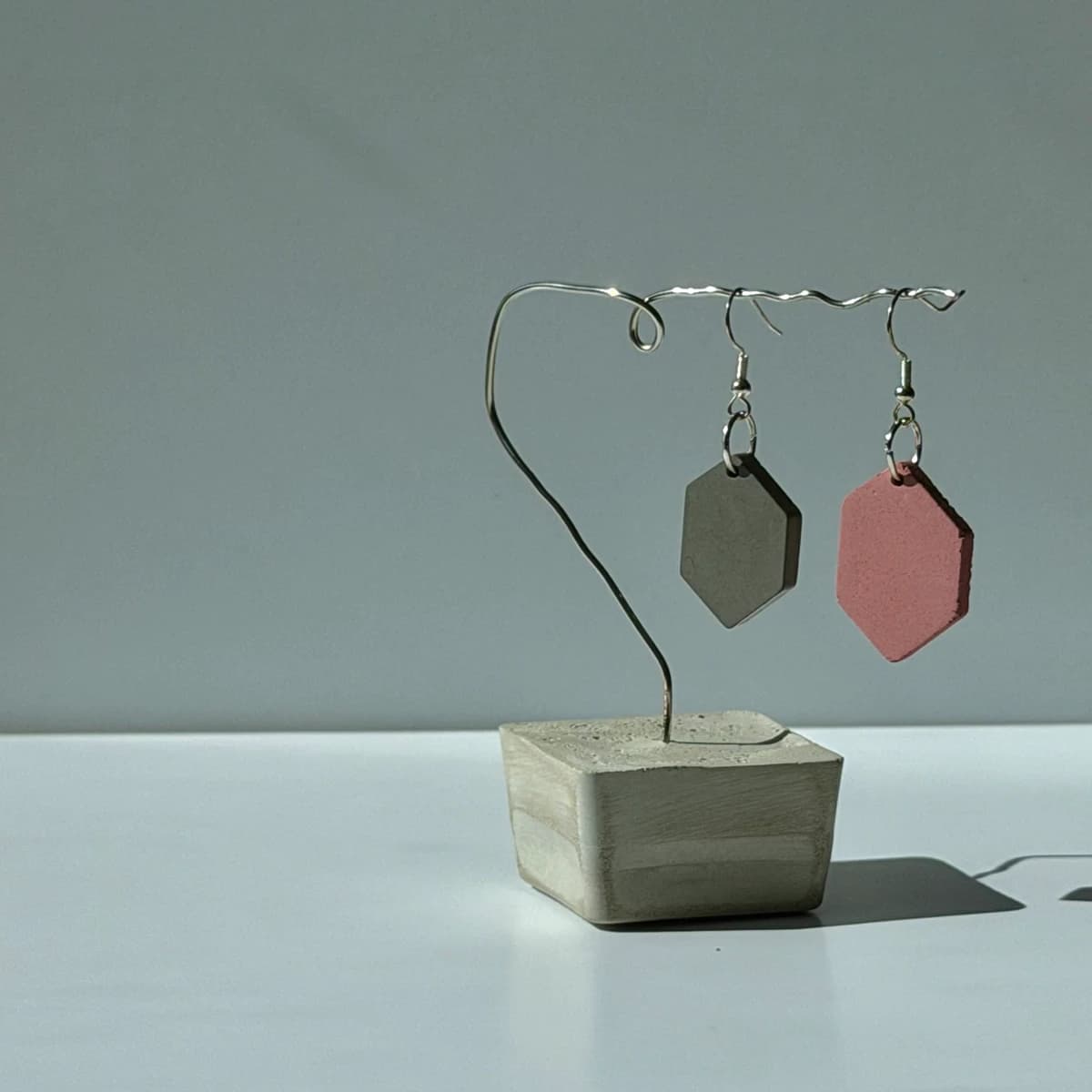 Elongated Hexagon Earrings - Blush Rose & Charcoal Grey